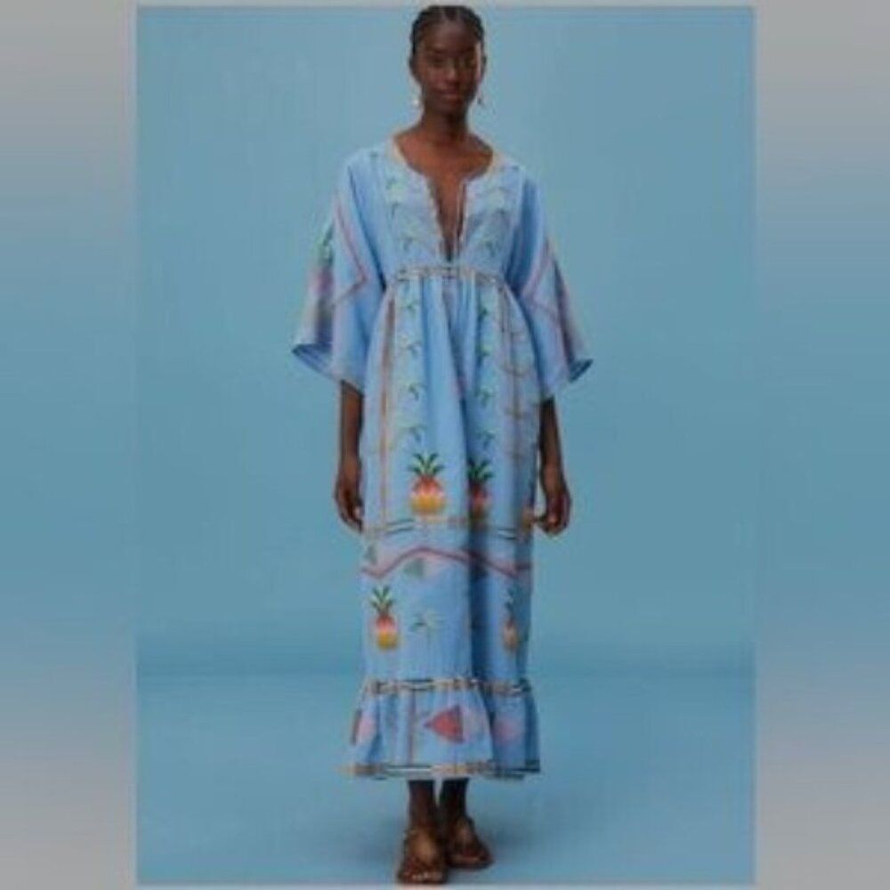 FARM RIO XS Embroidered Pineapple Kimono Sleeve Maxi Dress Beachy Resortwear